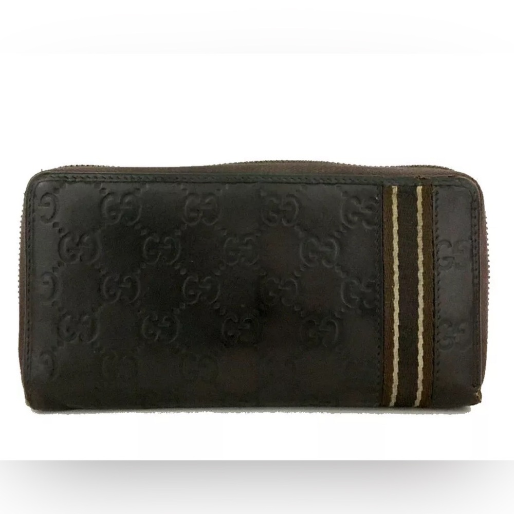 GUCCI Sherry Line Ssima GG Logo Leather Zip Around Long Wallet